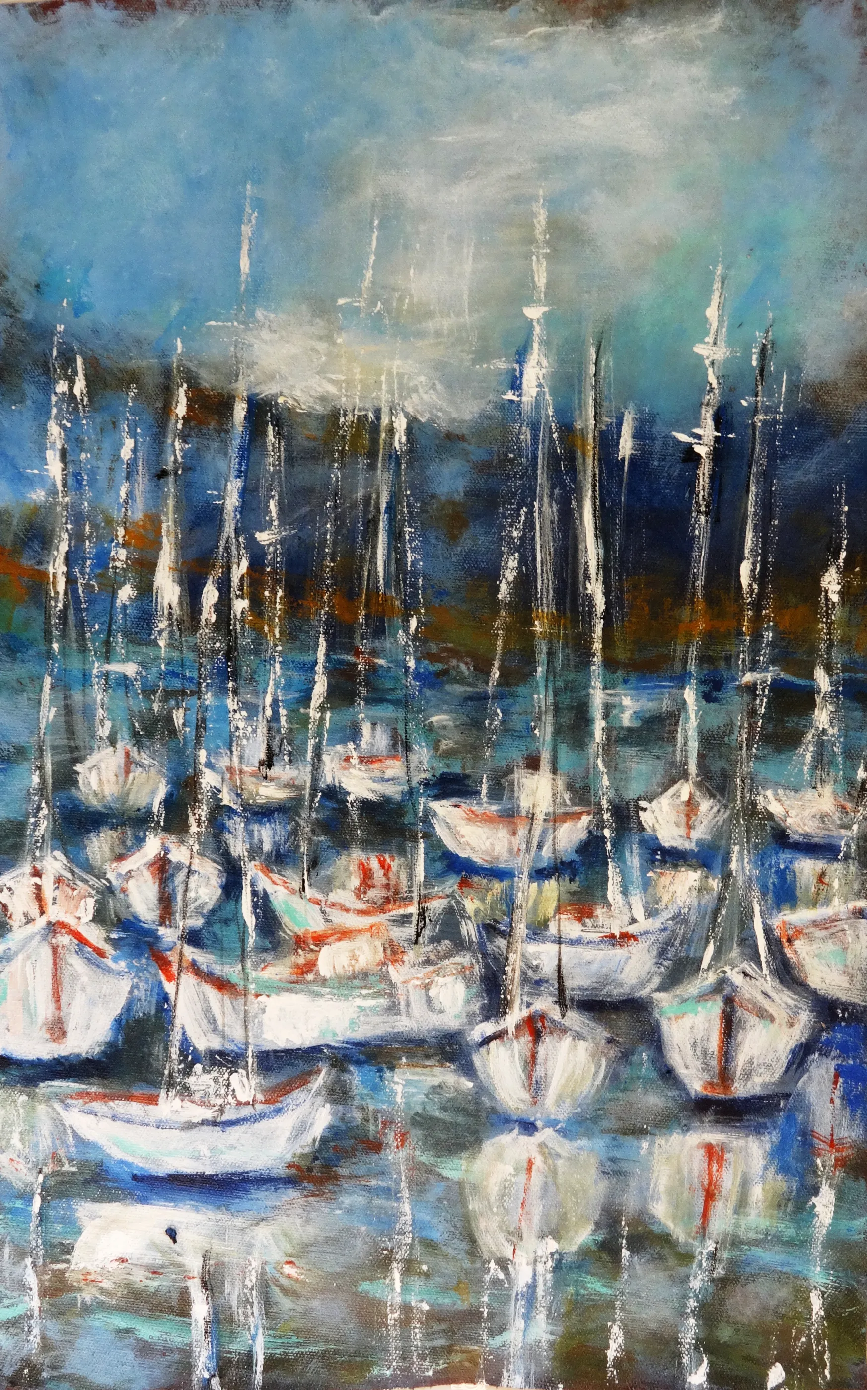 Sailboats at Harbor Semi Abstract Acrylic Painting